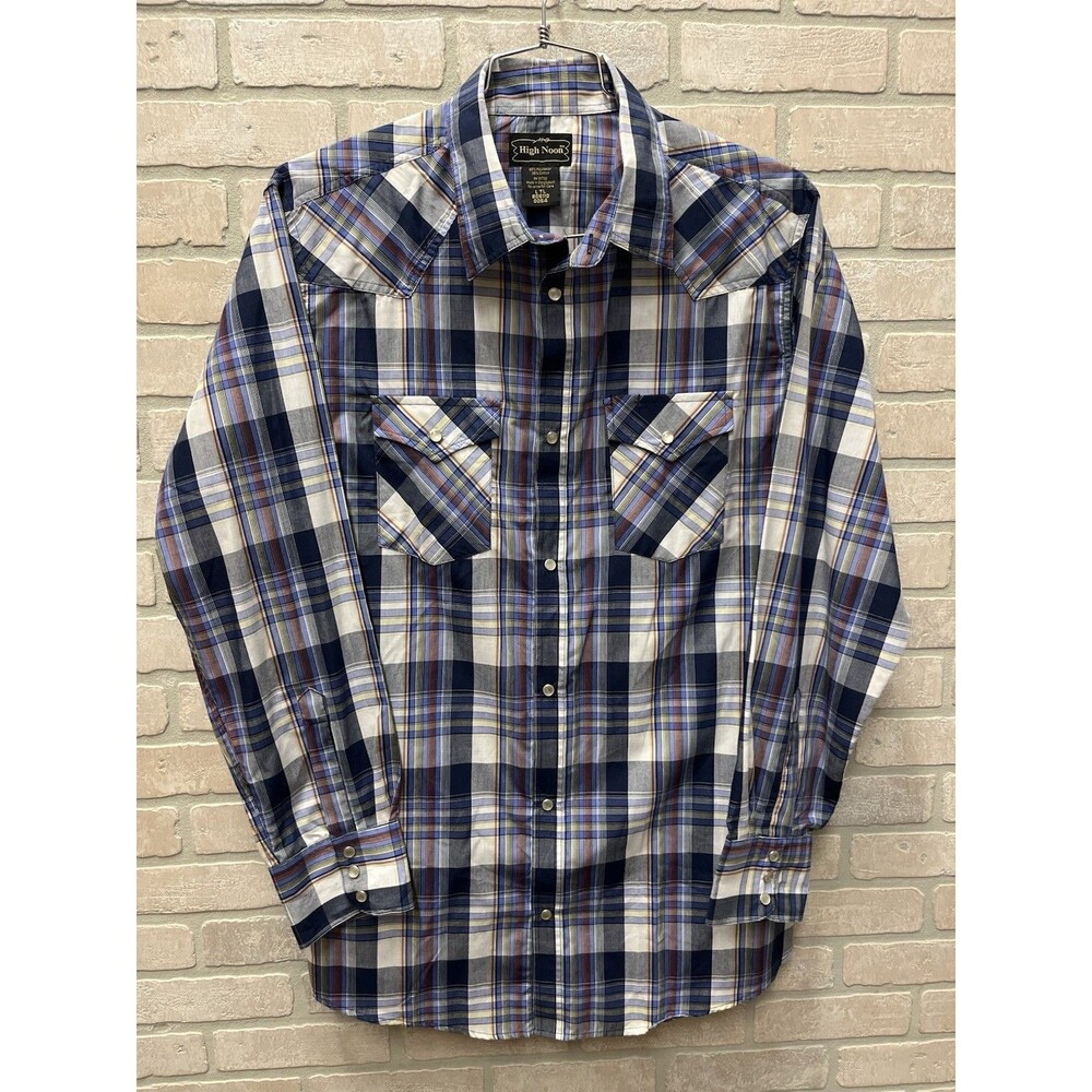 High Noon Mens Large Western Shirt Pearl Snap Embroidered Plaid Blue Sz L    TL